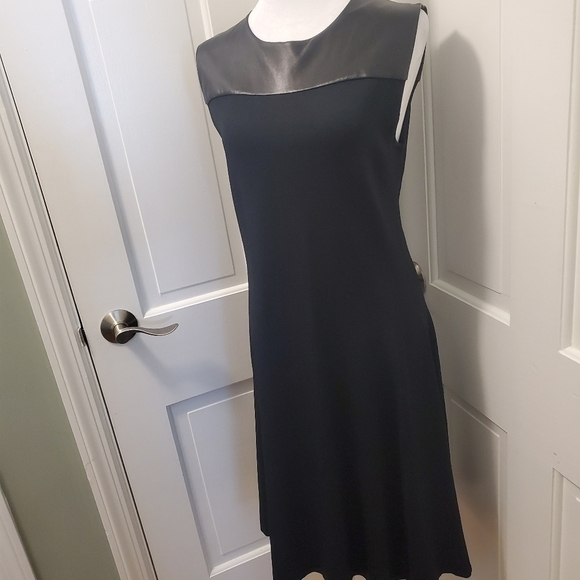 EC Classiques Entier Leather Trim Fit and flare Stretchy Jersey Knit Dress Med. - Picture 3 of 11